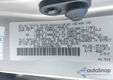 2004 Toyota Sienna Xle Limited z USA, uszkodzony, nr VIN 5TDBA22C84S021836